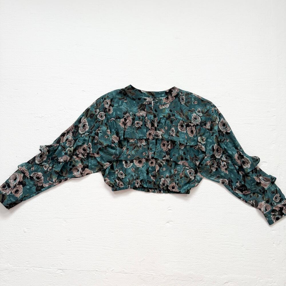 Sheer Floral Ruffle Cropped Chiffon Teal Blouse, Size Small